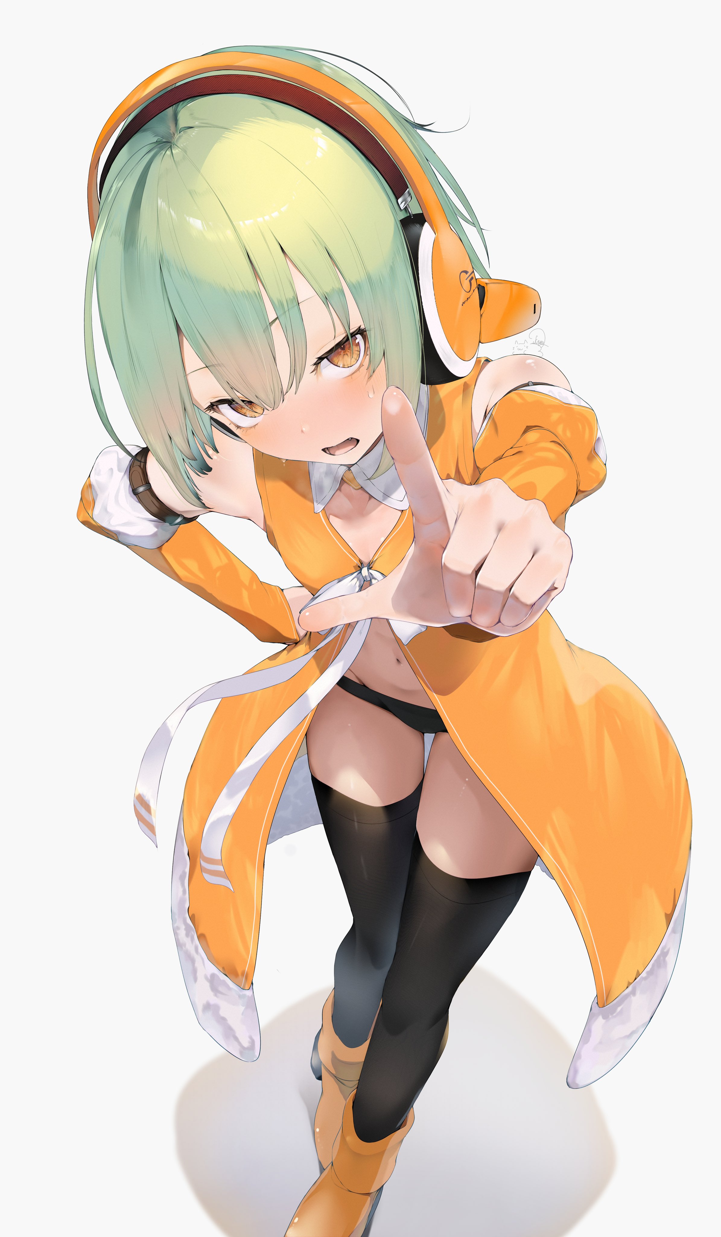the image shows an animestyle girl with bright green hair wearing orange clothing and headphones. she is pointing up with her index finger. the style is cute and colorful, with a focus on soft lines and shading. the background is simple, allowing the character to be the focal point.