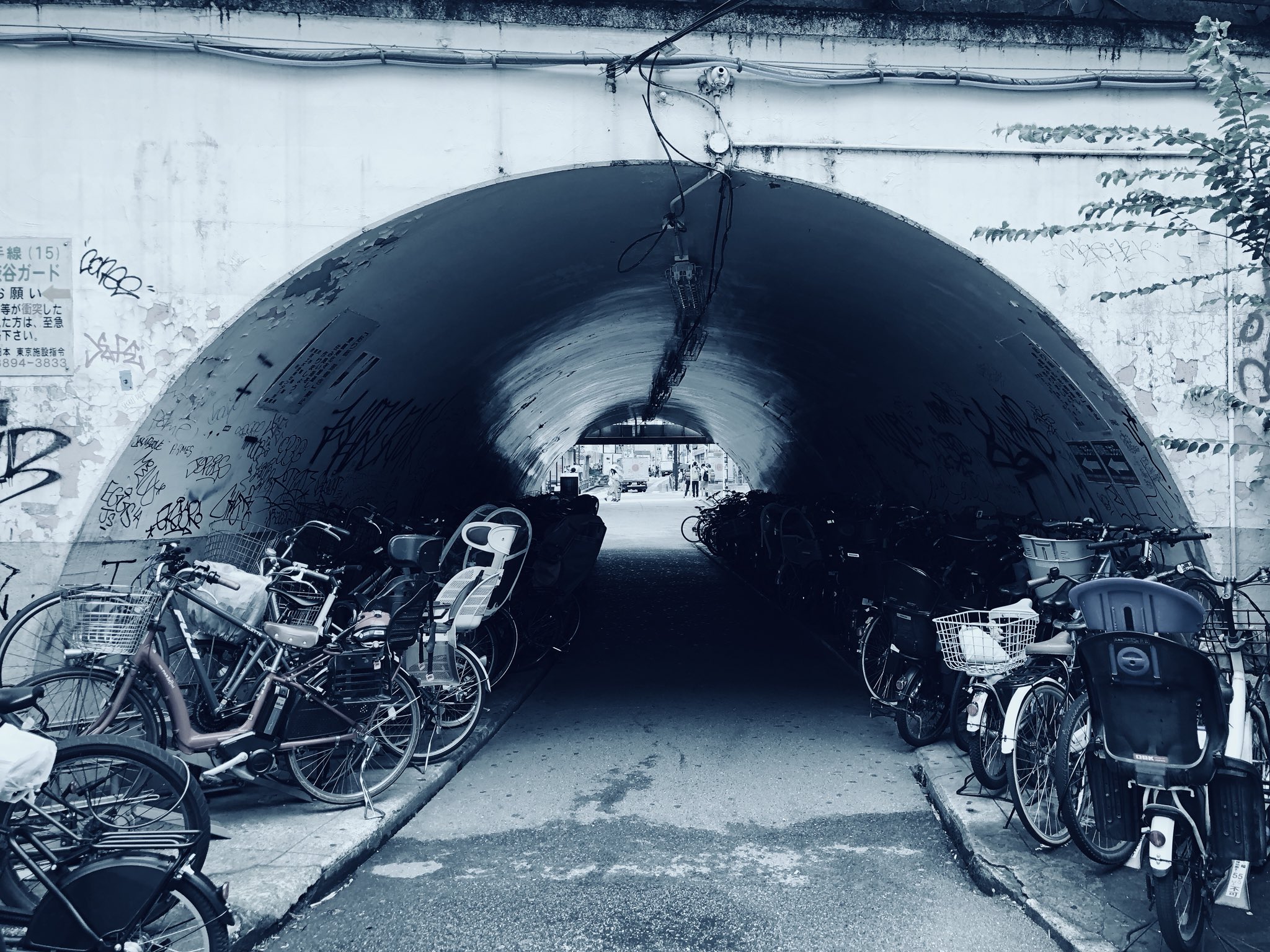a slightly underexposed photograph depicting a view through a tunnel. the tunnel is covered in graffiti and filled with parked bicycles on both sides. the far end of the tunnel opens up to daylight and what appears to be a street or intersection. the overall tone of the image is dark and gritty, with a cool color palette dominated by blues and grays.