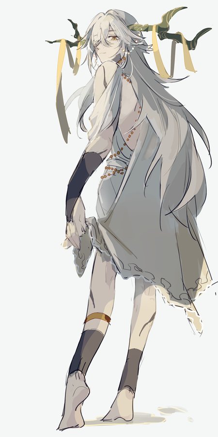 this anime illustration depicts a young girl with long white hair. she is adorned with green horns and yellow ribbons, suggesting a fantastical or mythical being.  she is dressed in a long, flowing white dress and is barefoot, with one leg crossed over the other. the backdrop is a simple white, leaving the focus entirely on the girl.