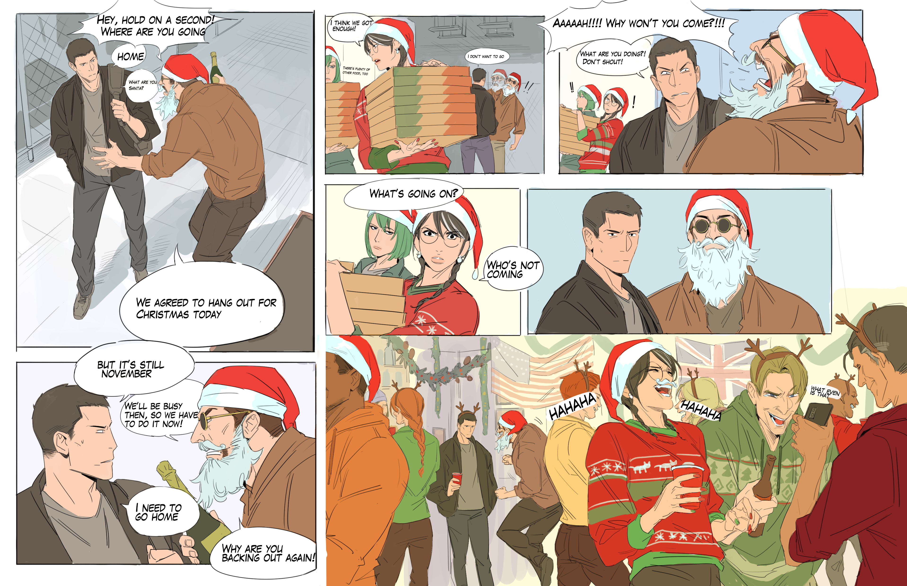 his is a multipanel comic depicting a group of friends' plans for a christmas gettogether. the story starts with one friend trying to leave, causing frustration among the others. it unfolds through conversations and expressions, with some comedic elements and unexpected twists. the illustrations are in a style similar to webtoons or manhwa, with simplified character designs and dynamic scenes. the comic uses christmasthemed elements like hats and decorations to emphasize the holiday setting.