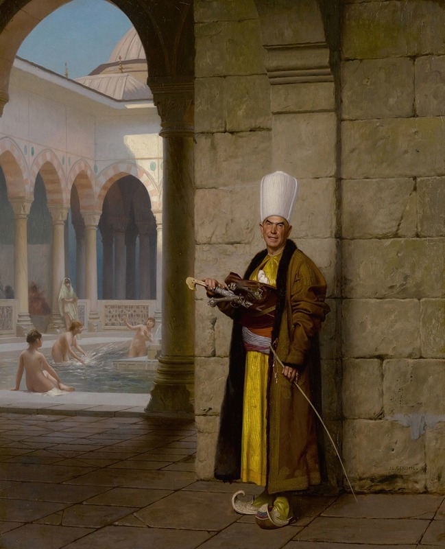 the image is a painting, likely of the orientalist style, depicting a bashibazouk standing in a courtyard next to a bathhouse. in the background, several women are bathing in a pool. the bashibazouk is wearing a traditional ottoman uniform including a turban, a long coat, and pointed shoes. he is holding a sword and other weapons. the architecture of the courtyard includes columns, arches, and domes, suggesting an ottoman or middle eastern setting. the painting likely portrays a scene of leisure and everyday life within the ottoman empire.