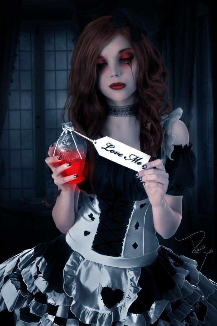 the image is a dark fantasy portrait of a young woman styled as a gothic interpretation of alice from alice in wonderland. she has long, dark red hair and dramatic eye makeup, with streaks of tears running down her cheeks. she's wearing a black and white, ruffled dress reminiscent of a victorianera maid's outfit with playing card details. the dress incorporates a corsetlike bodice.  she holds a small, glass bottle filled with a glowing red liquid, with a tag that reads "love me" attached. the background is dark and moody, with a visible window suggesting an old, possibly gothic setting. the overall atmosphere is melancholic and slightly macabre, blending elements of dark fantasy and gothic lolita aesthetics. the image is high quality, likely digital art or a heavily edited photograph.