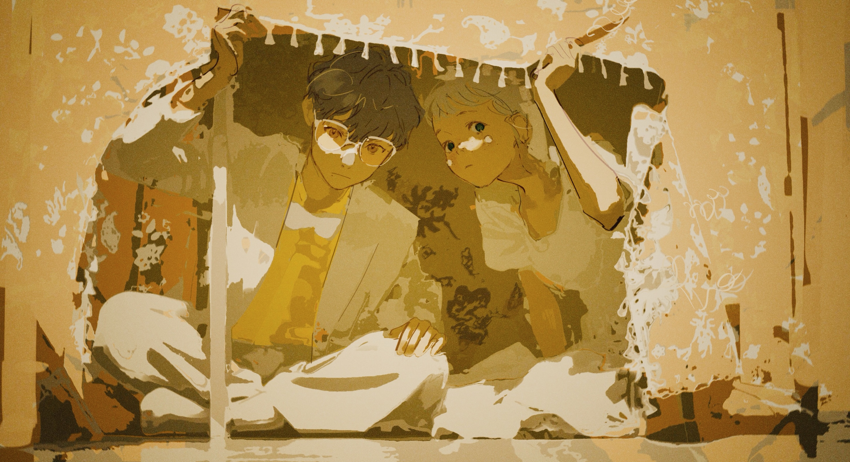 two young people, one with glasses and dark hair, the other with light hair, are huddled together playfully inside a blanket fort. they peek out with expressions of curiosity and amusement, illuminated by warm, soft light that suggests a comfortable and familiar setting. the overall aesthetic is gentle and evocative of childhood wonder and imaginative play.