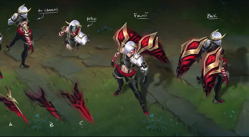 his image shows concept art for a new riven skin in league of legends. it includes multiple views of the character, showcasing her design from the front, back, and side, as well as closeups of her mask and wings.  the style is typical of league of legends character art  detailed, dynamic, and visually appealing. the color scheme is dominated by red, black, gold, and white, creating a striking contrast.  three different weapon options are also shown separately at the bottom of the image.  handwritten notes on the image give direction to the artist, such as "no cannons", "mask", "front", and "back".
