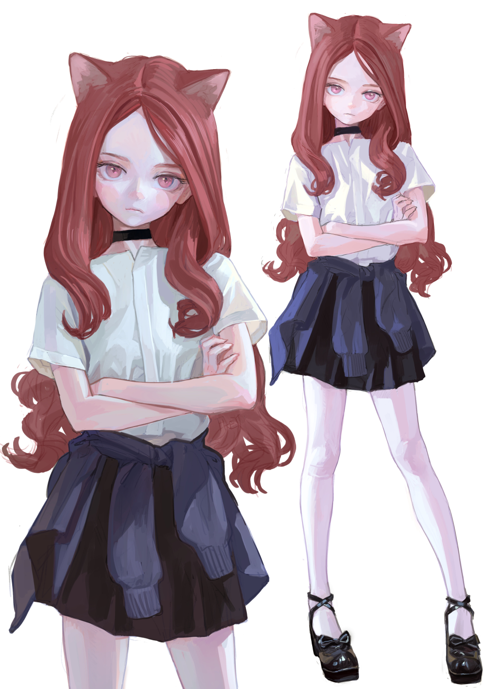 the image shows two anime girls with cat ears and red hair. they both have pink eyes and are wearing a white shirt and black skirt. one is a portrait, and the other is a full body shot. they both have their arms crossed, and a sweater tied around their waist. the girl in the full body shot is wearing black shoes with bows.
