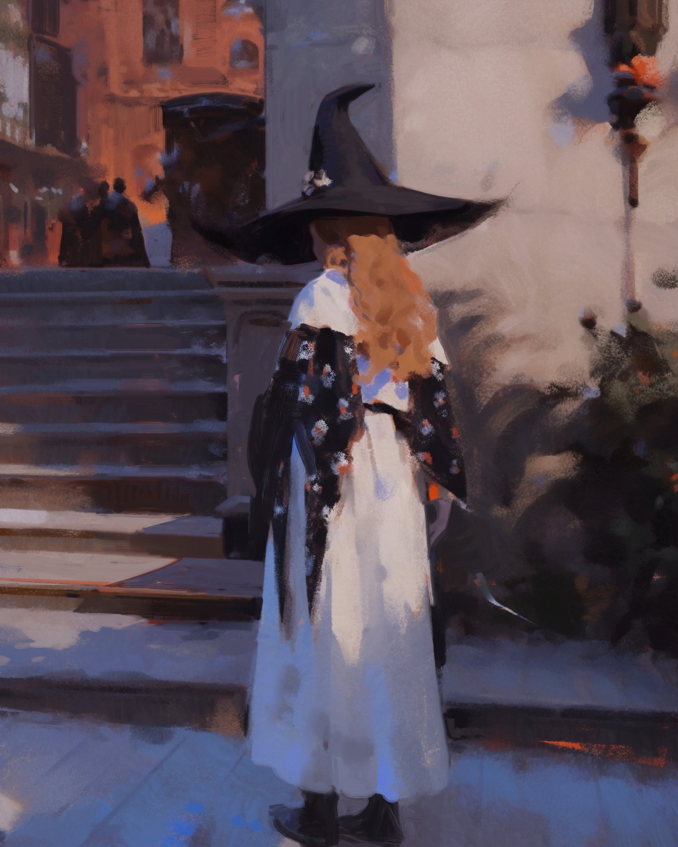a painting of a woman in a black hat standing on the stairs of a city street. the woman is wearing a white dress and a black shawl with floral details. the painting is done in a dark and mysterious style with a whimsical touch.