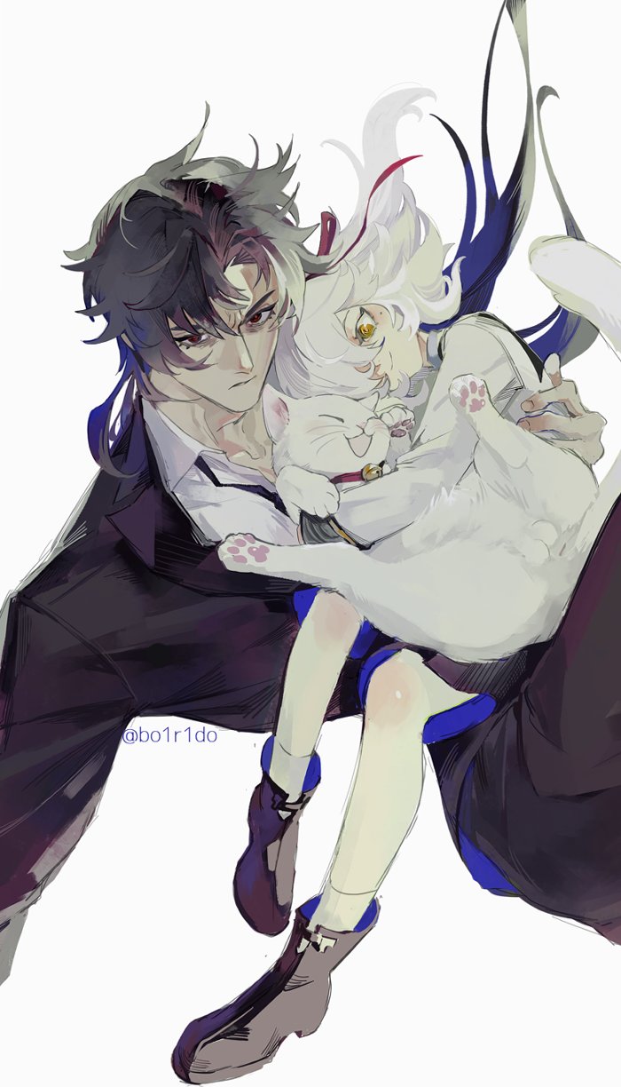 the image is a digital illustration of an anime couple. the girl has white hair, white cat ears, and black eyes. she is wearing a white shirt and blue pants and holding a white cat. the boy has black hair, red eyes, and is wearing a black suit and white shirt. he is holding the girl and the white cat. both of them are smiling. the background is white.  the image is drawn in a colorful and detailed style.