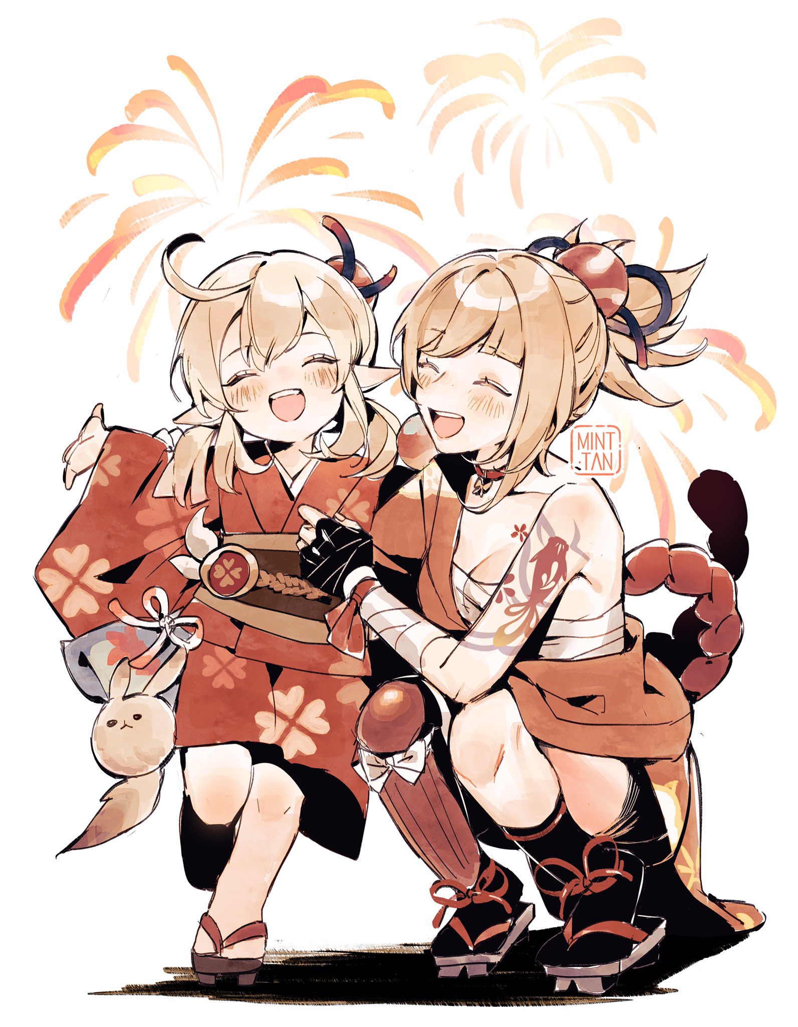 this is a digital illustration featuring two anime girls, yae miko and yoimiya, from the video game genshin impact. they are dressed in traditional japanese clothing, yae miko is wearing a red kimono with a white flower pattern, and yoimiya is wearing a yukata with a floral pattern. they are both smiling and seem to be enjoying themselves. there are fireworks in the background, suggesting they are at a festival or celebration. the artwork has a cute and cheerful style, with vibrant colors and soft lines.