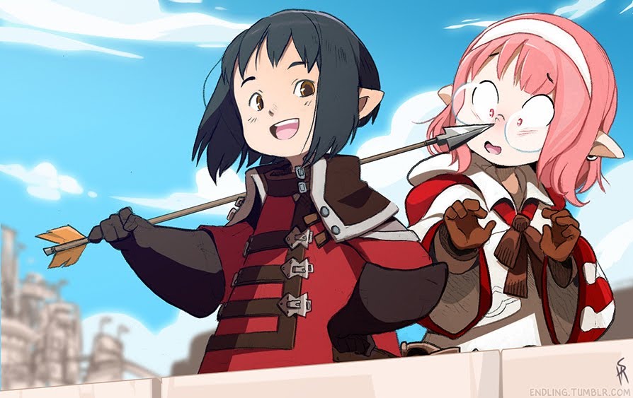 this image is fanart of kirito and silica from the anime sword art online. they are drawn in a cartoon style, and they are both smiling. kirito is holding an arrow in his hand, and silica is looking at it with wide eyes. they are standing in front of a blue sky with white clouds.