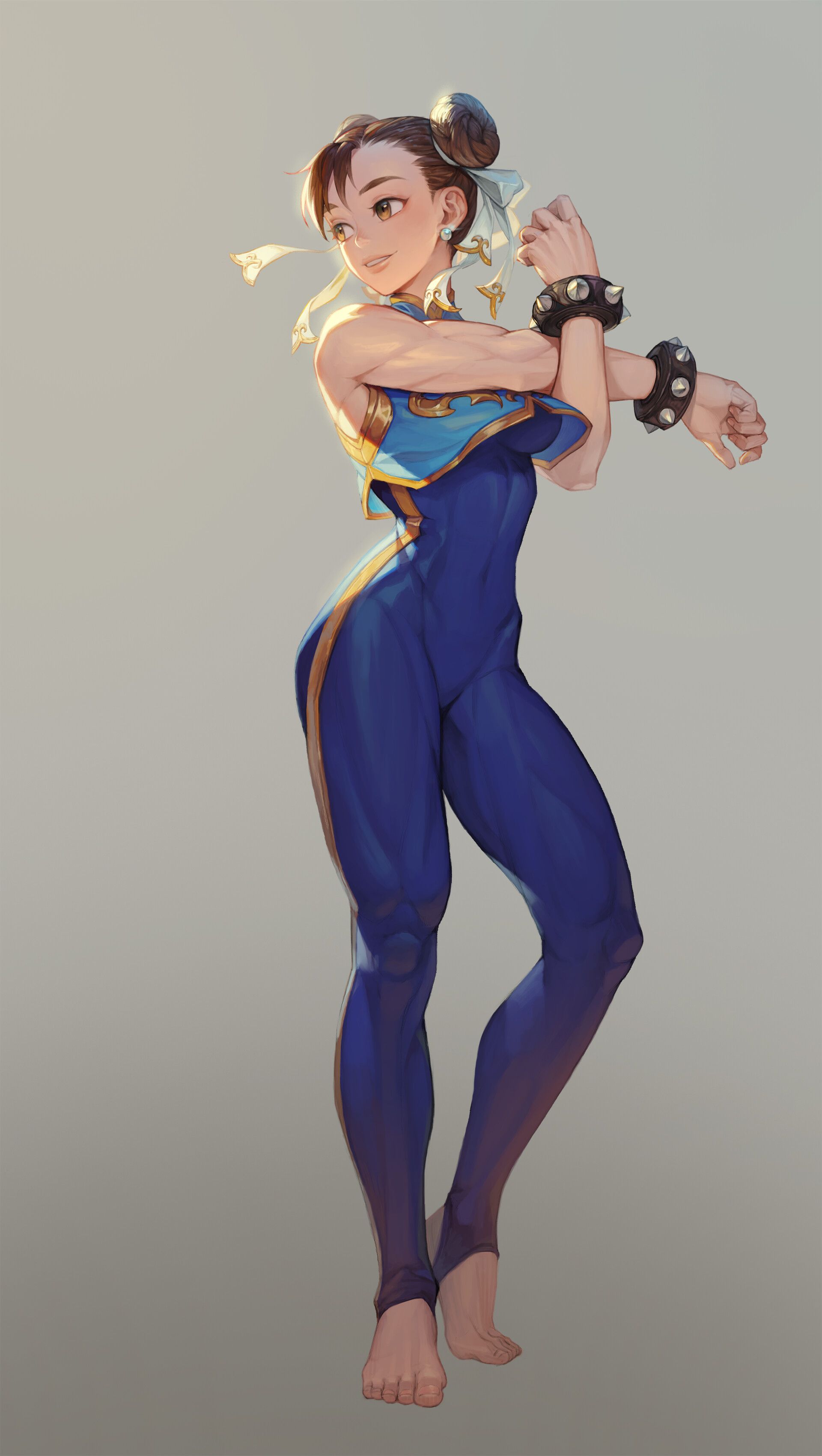 the image portrays chunli, a popular female character from the street fighter video game series. she is depicted in her iconic blue leotard, showcasing her muscular physique. she stands with her right leg extended, stretching her left arm across her body in a warmup pose. her black spiked bracelets are prominent, and her brown hair is tied up in her signature ox horns style. the background is a plain, light gray, focusing the viewer's attention entirely on the character. the lighting is soft and warm, casting subtle shadows that accentuate her muscles and create a sense of depth.