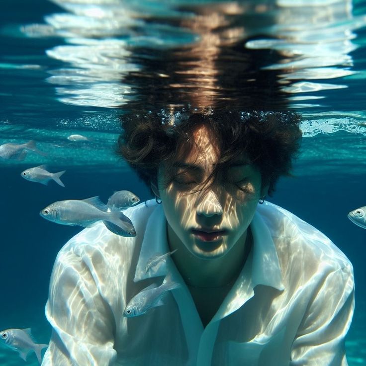 the image is a stunning underwater portrait of a young man, possibly jungkook from bts, with long dark hair. he's wearing a flowing white shirt.  sunlight filters through the water creating a luminous effect on his face and the surrounding water. several small fish swim around him, adding to the tranquil, almost ethereal atmosphere. the overall mood is serene and peaceful, capturing a sense of calm and beauty within the underwater world.  the photo has a high level of artistic quality, suggesting it's a professional photoshoot.