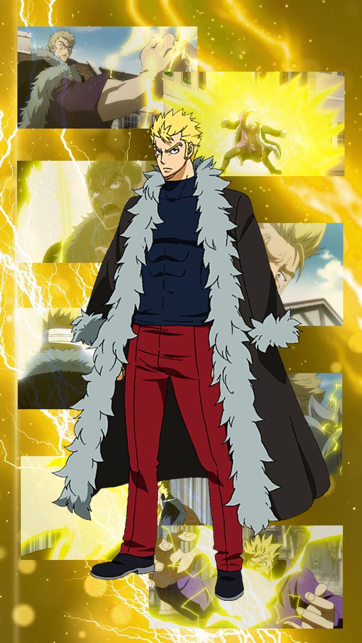 the image is a digital drawing of laxus dreyar from fairy tail, a popular japanese manga and anime series. he is depicted in his signature style with his signature white fur collar, and he is surrounded by lightning and yellow streaks. his dark blue shirt and red pants provide a stark contrast to the yellow, creating a visually dynamic image.  the image suggests he is in the middle of a battle, and his fierce expression and posture further  underscore his power and resolve as a wizard.