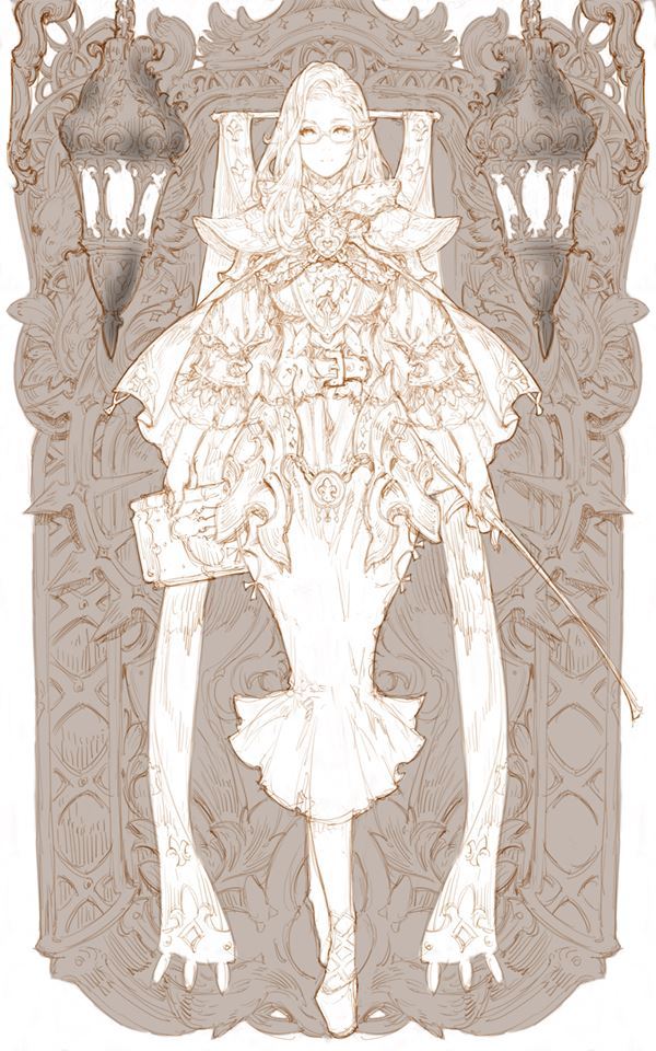 the image is a black and white illustration of a girl character, likely from an anime or manga. she is dressed in an elegant and elaborate outfit, which features a flowing skirt, a corset, frills, lace, and gloves. the girl has long flowing hair, glasses, and is holding a book and a wand. the background is a ornate and intricate design, likely intended to represent a royal setting or a fantasy world.  the entire piece is styled in a classic vintage aesthetic.