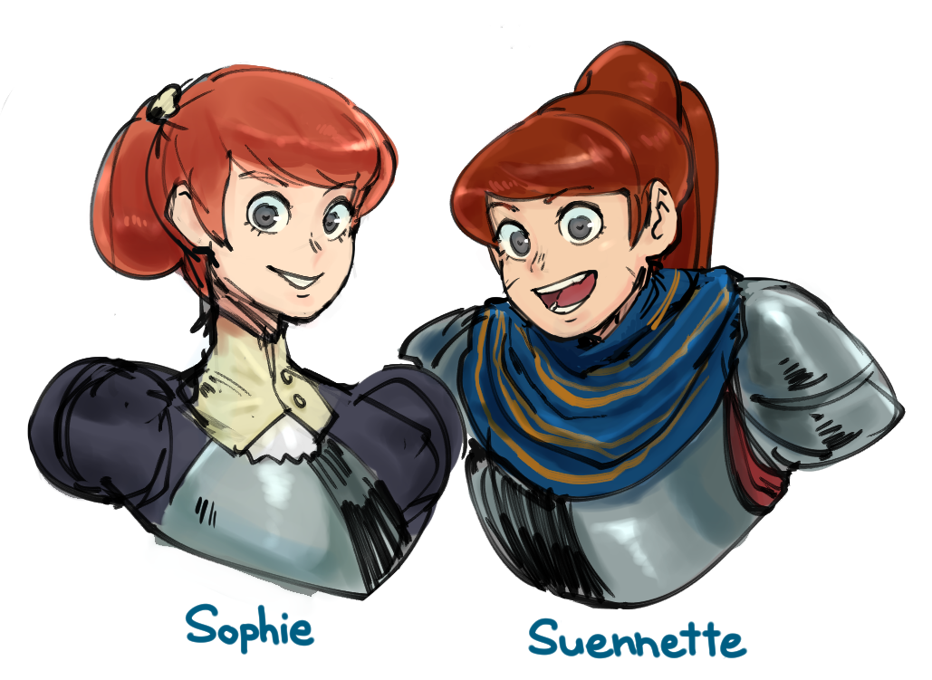 two cartoon girls with red hair are smiling. the girl on the left is named sophie and the girl on the right is named suennette.  sophie is wearing a dark blue and yellow dress. suennette is wearing blue and gold armor.  they are both looking off to the right side of the image.
