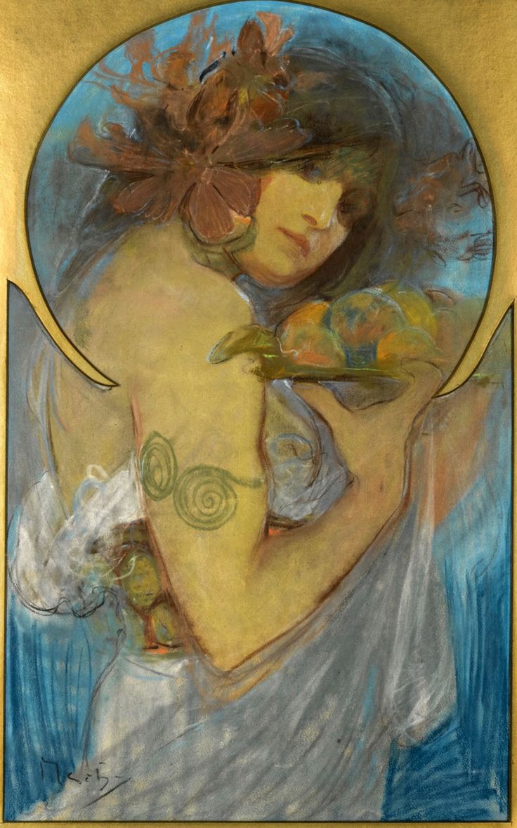 this is a pastel artwork by alphonse mucha, a leading figure in the art nouveau movement. the image depicts a beautiful woman with flowing hair adorned with a large floral headdress. she is holding a plate of oranges and peaches. the overall style is characteristic of mucha’s work, emphasizing elegant lines, flowing drapery, and a decorative aesthetic. the colors are soft and muted, with a predominance of gold, blue, and soft earth tones. the woman's pose and expression are serene and suggestive of idealized feminine beauty. the image is framed with a gold border that enhances the artwork’s ornate and luxurious feel. the pastel technique gives the image a soft, slightly dreamlike quality. the composition is carefully balanced, with the woman's figure as the central focus against a stylized background. the artistic style is distinct, with the flowing lines and stylized forms that define mucha's artistic contribution to the art nouveau movement.
