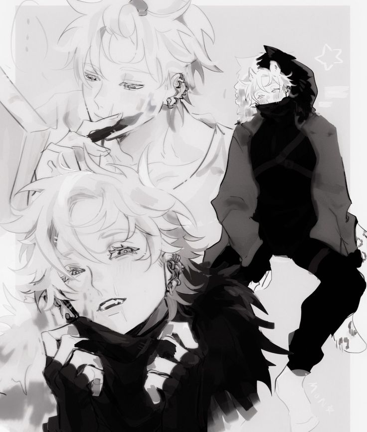 the image is a monochrome digital drawing or painting in a loose, sketchy style. it depicts three young male anime characters, possibly fan art.  the central focus is on a pale boy with long, wavy hair, wearing dark clothing and looking melancholic.  two other characters are partially visible in the background and seemingly interacting.  one has short, light hair and appears to be older or in a different pose, while another is seen in a hooded outfit, partially obscured.  the overall aesthetic is dark, emotional, and stylish, with a touch of gothic influence. the line work is fluid and expressive, and the shading uses light and shadow to convey depth and mood. the characters have piercing and/or earrings.