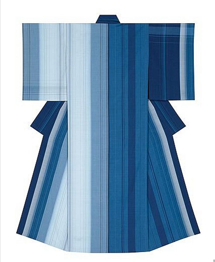 the image shows a kimono in shades of blue with vertical stripes. the stripes range from light to dark blue, creating a gradient effect. the kimono has wide sleeves and a collar.