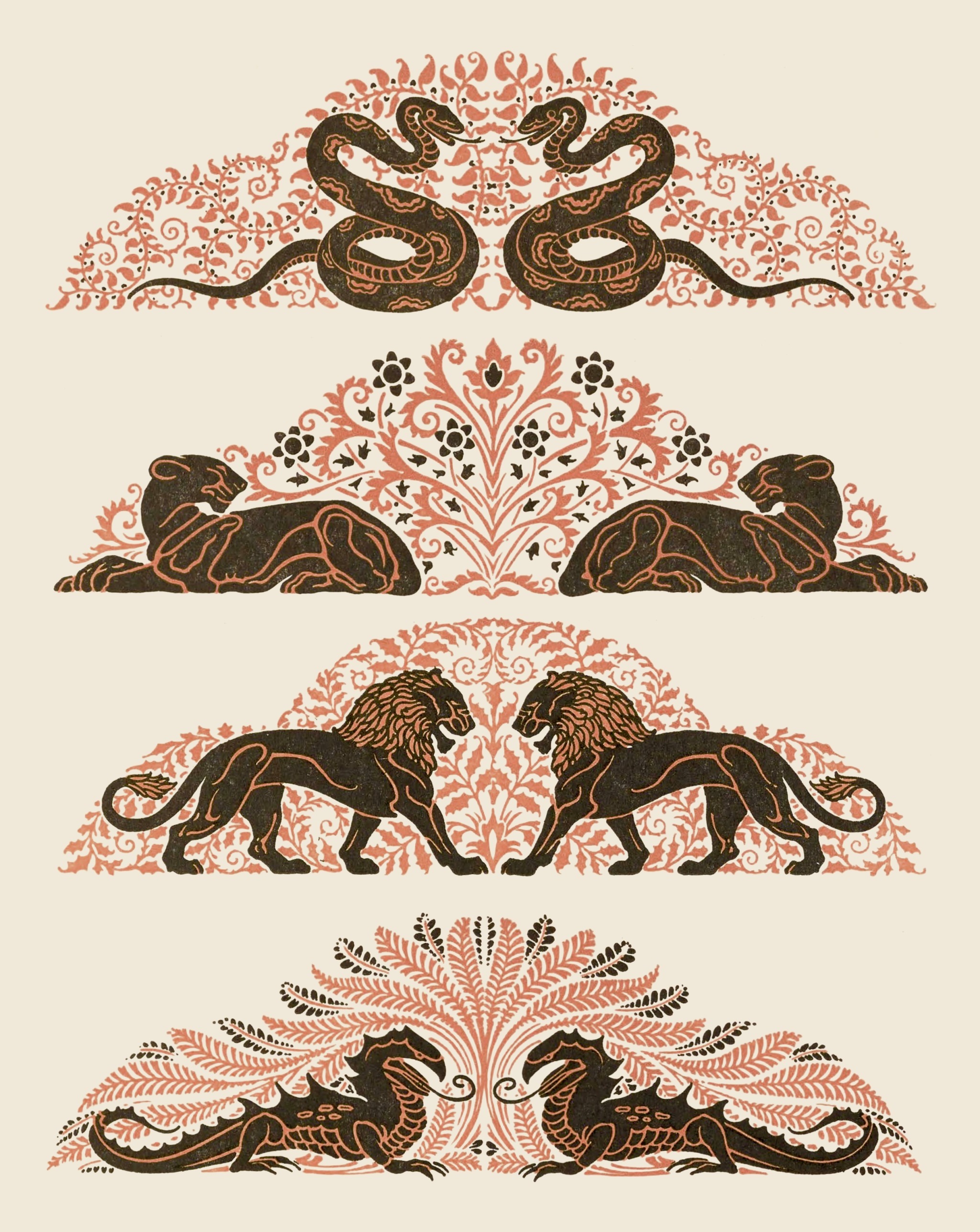 the image showcases four distinct horizontal decorative panels, all exhibiting stylistic elements consistent with art nouveau design.  each panel features a symmetrical arrangement of stylized animals:  the top panel displays two intertwined snakes; the second shows two panthers; the third depicts two lions; and the bottom panel presents two dragons.  these creatures are all rendered in dark brown or black against a lighter beige background, creating a strong contrast.  each panel incorporates an elaborate floral or foliate background design in a soft peach or muted coral color, adding layers of texture and visual interest.  the style is reminiscent of woodcut or linocut prints, with bold lines and simplified forms that evoke a sense of both elegance and strength. the overall aesthetic is highly decorative and balanced, suitable for use as a border or repeating design in various applications.