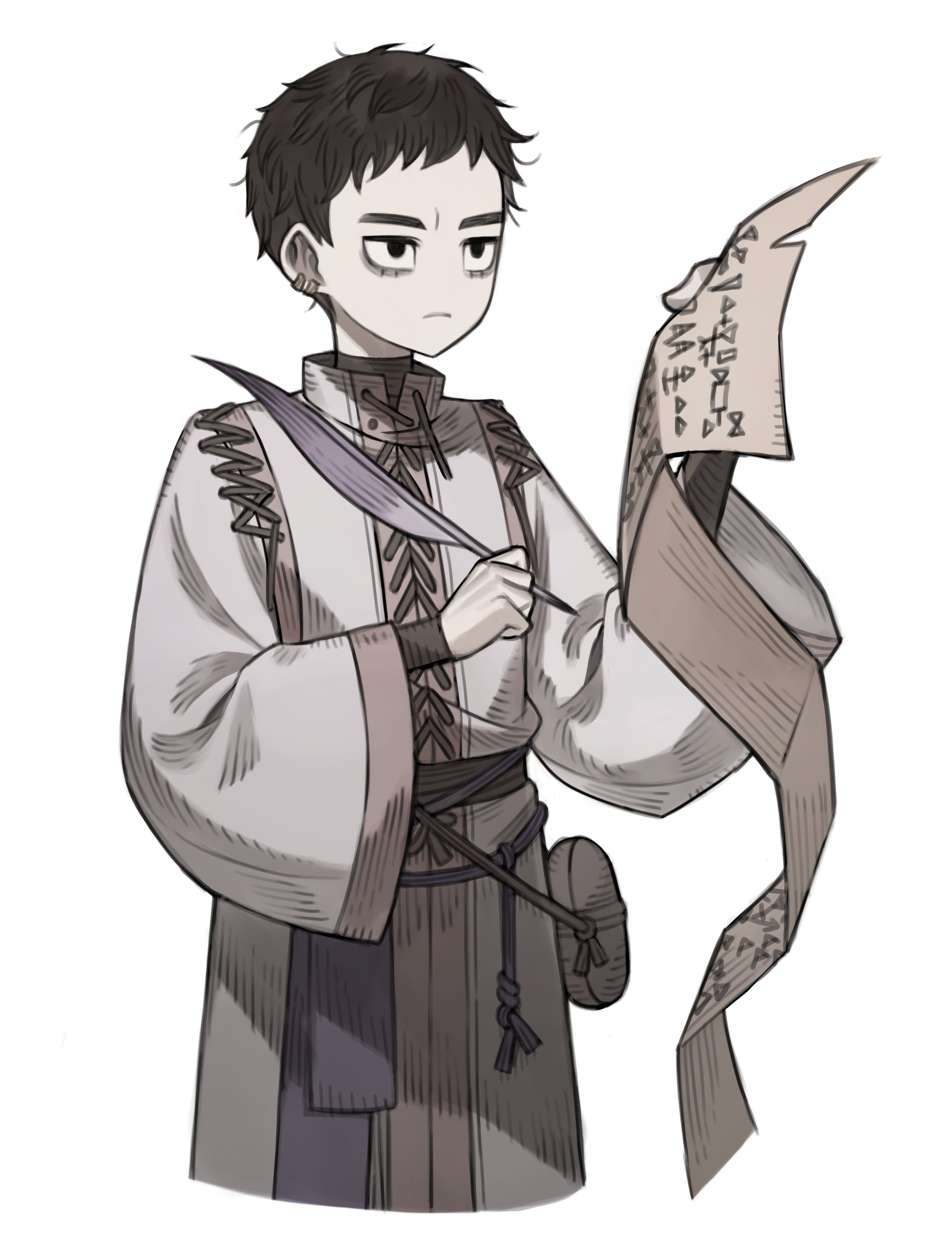 the image showcases a young man, seemingly a scribe from a fantasy setting. he's meticulously examining a lengthy scroll covered in intricate symbols, a quill pen poised in his hand. his attire, a simple tunic cinched at the waist, hints at a medieval influence. the soft lighting and muted color palette create a contemplative and somewhat archaic ambiance, further emphasizing the historical and fantastical themes.