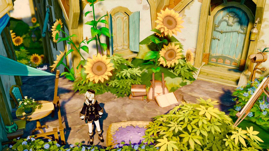 the image is a video game screenshot, likely from genshin impact, depicting a young female character with animestyle features standing in a sundrenched garden.  she appears to be an artist, perhaps,  as there's an easel and several books and a backpack nearby. the garden is lush, filled with tall sunflowers, various other plants, and flowers.  a small cottage with a quaint teal door forms the background. a small table and chairs are visible in the corner, suggesting a resting area.  a bowl or shallow basin with a purple liquid adds a touch of mystery.  the overall style is vibrant, cheerful, and whimsical. the scene is detailed and realistic, yet retains a cartoonish and playful aesthetic.