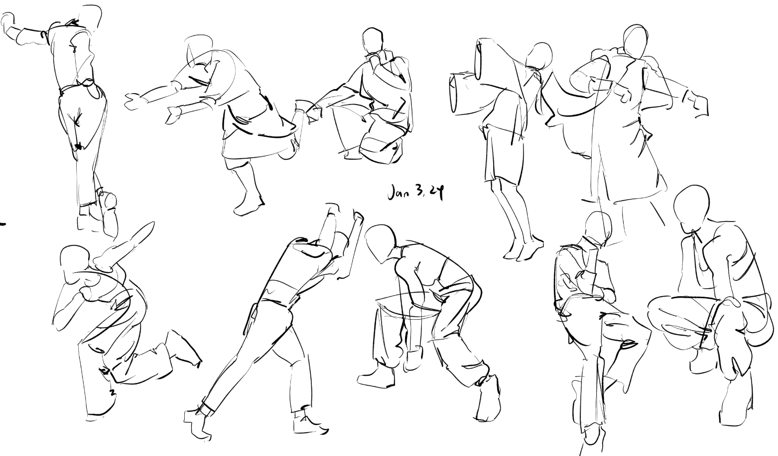 he image contains a collection of quick, expressive figure sketches.  the style is loose and gestural, focusing on capturing the movement and pose of the figures rather than precise anatomical detail. the figures are depicted in a variety of actions and postures, some seemingly interacting with each other or objects.  the sketches are done in black ink on a white background. the date "jan 3, 24" is visible in the center of the page.