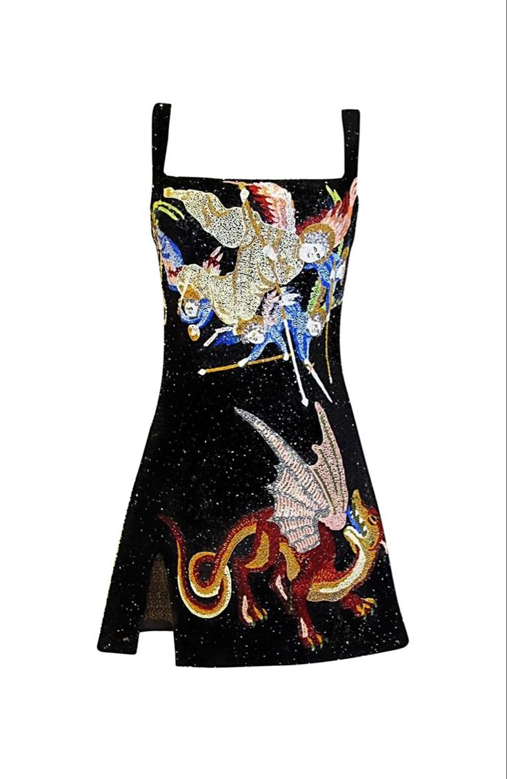 the image shows a black mini dress with a square neckline, sleeveless design, and a slit on one side. the dress is decorated with intricate embroidery featuring a group of angels and a dragon. the background of the dress is black, providing a stark contrast to the colorful and detailed embroidery.
