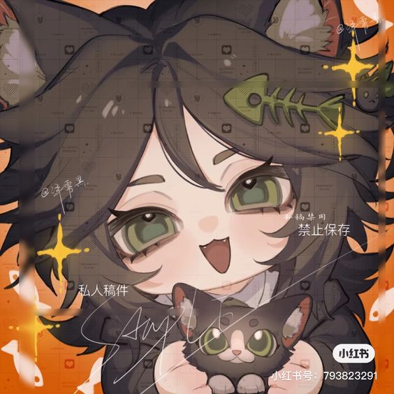 a digital illustration of a "catboy" anime character holding a small black and white kitten. the character has dark hair, green eyes, and is wearing a black shirt. the background is orange and decorated with yellow sparkles and fish bones.  there is stylized chinese text surrounding the character.