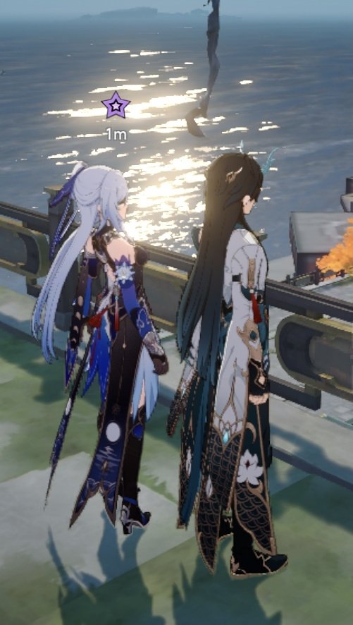 two female characters from the video game genshin impact are standing side by side on a platform overlooking a body of water. they are both dressed in elaborate, colorful outfits. one character has long blue hair, and the other has long black hair. both characters are holding weapons. the sunlight is reflecting off the water, creating a shimmering effect.