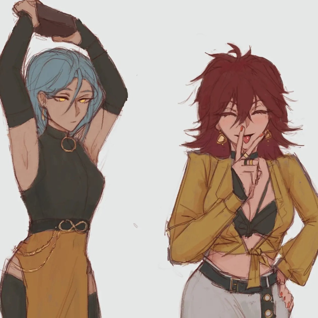 the image is a digital drawing or painting featuring two animestyle female characters.  the character on the left has light blue hair and is wearing a black sleeveless top with gold accents, a yellow skirt, and gold jewelry. she is posing with her arms raised above her head, seemingly holding something. the character on the right has reddishbrown hair styled in a wavy bob. she is wearing a mustard yellow shirt tied at the waist, a black cropped top underneath, light grey pants, and gold jewelry. she is playfully sticking her tongue out and making a peace sign with her fingers. both characters have a confident and stylish appearance. the art style is loose and painterly, with visible brushstrokes and slightly muted colors. the background is a plain light grey.