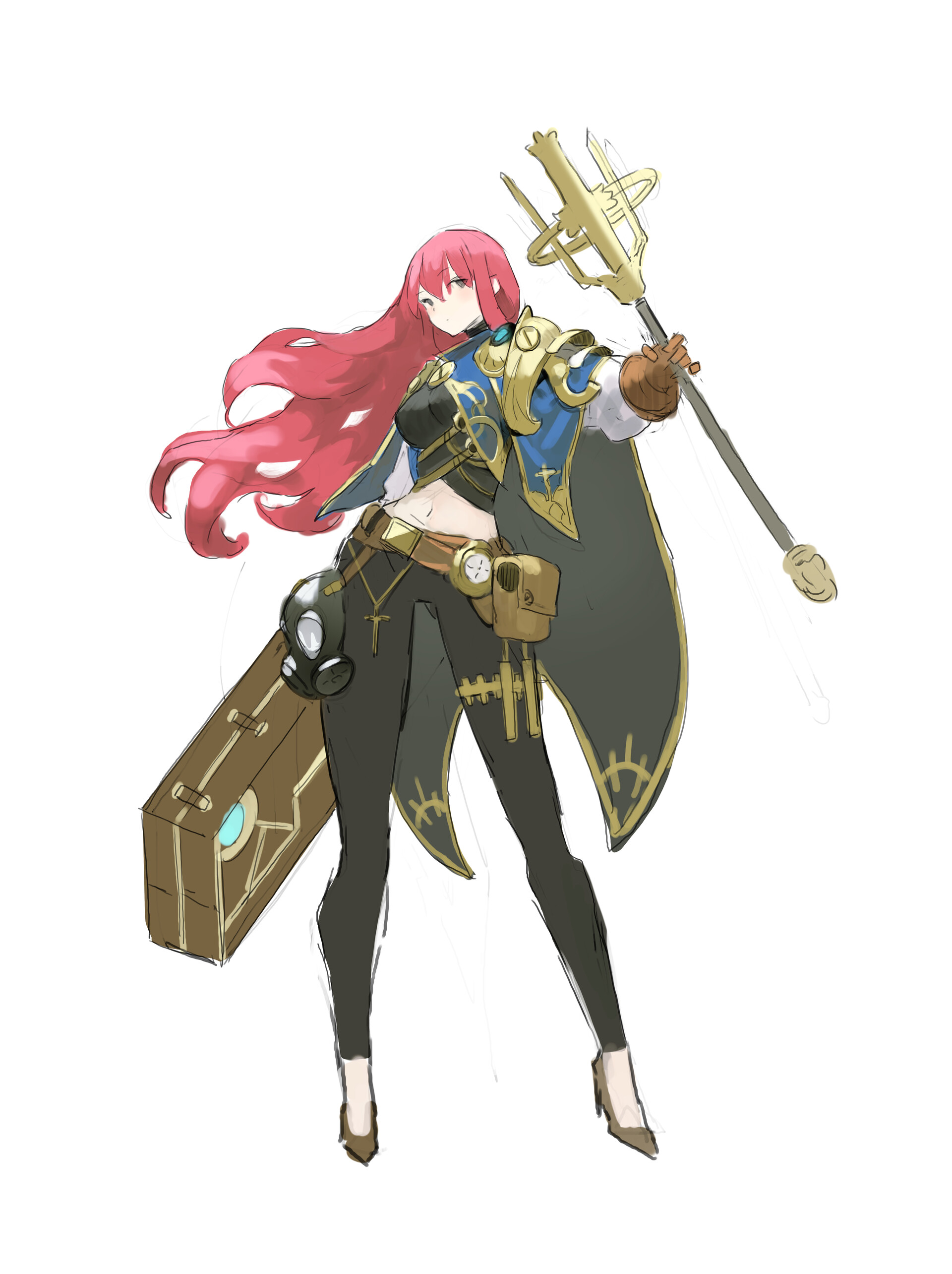 a fullbody illustration of a redhaired animestyle female character in a steampunkinspired outfit. she's holding a golden staff with a complex mechanical design at the top. she wears a blue and gold armored top with a black undershirt, black leggings, and high heels. a grey cape drapes over one shoulder. accessories include belts, pouches, goggles, and a gas mask attached to a suitcase at her side. the overall aesthetic blends fantasy with mechanical elements.