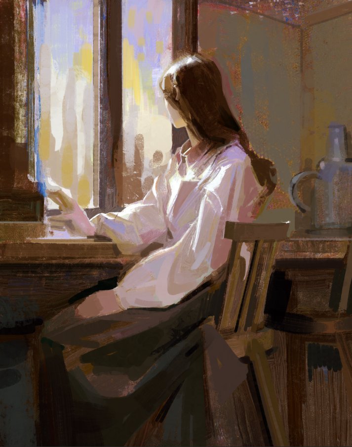 a woman sits in a chair by a window. she is wearing a white shirt and a long skirt. she is looking out the window and appears to be thinking. the painting is done in a loose, impressionistic style. the colors are muted and the brushstrokes are visible.