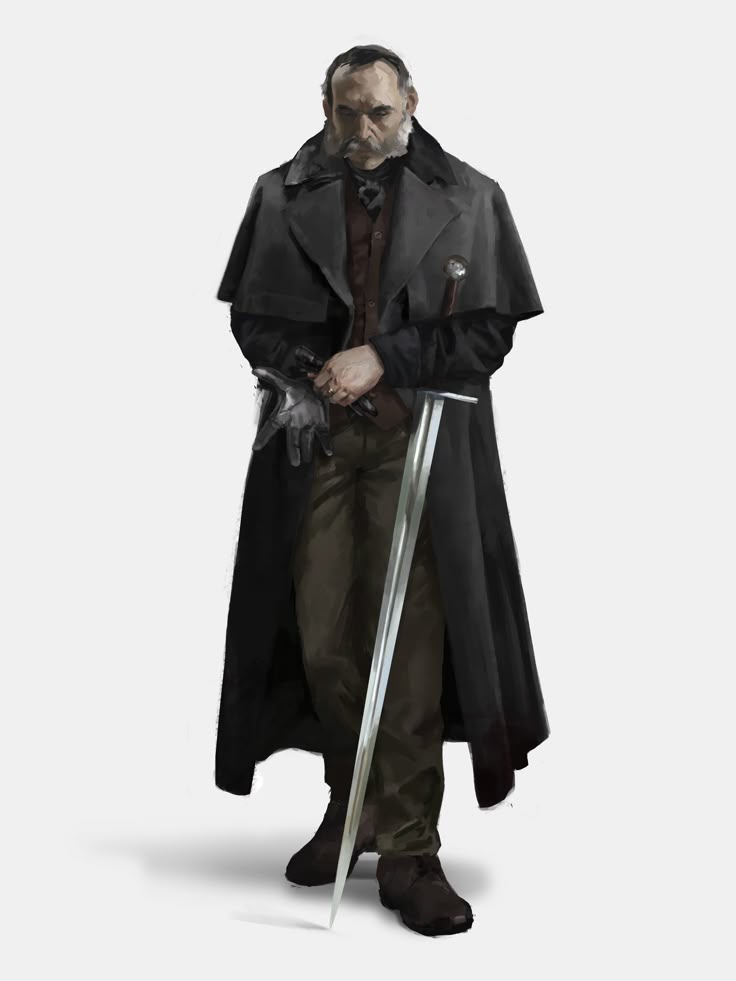 a full body, digital art painting of a middleaged caucasian man standing and holding a sword. he has a bald head with dark skin and light grey facial hair including a mustache and beard. he is wearing a long black trench coat with a brown jacket and brown pants. he is also wearing brown boots. in his left hand he holds the handle of the sword, while his right hand holds grey gloves. the sword is silver with a grey hilt.