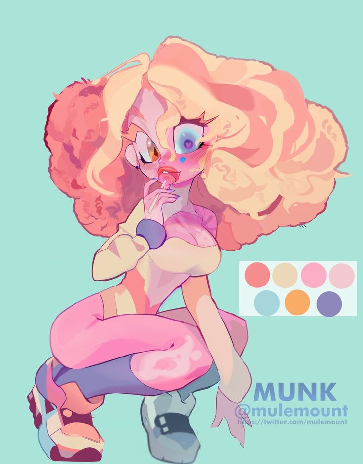 a digital illustration of a female anime character with vibrant colors and fun stylized features. the character is wearing a pink and blue outfit, she has pink, yellow and blonde hair, and blue and yellow eyes. the character is posing with one leg bent while holding a lollipop. the background is a solid light blue color. there is a palette of colors from the image in the bottom right corner.