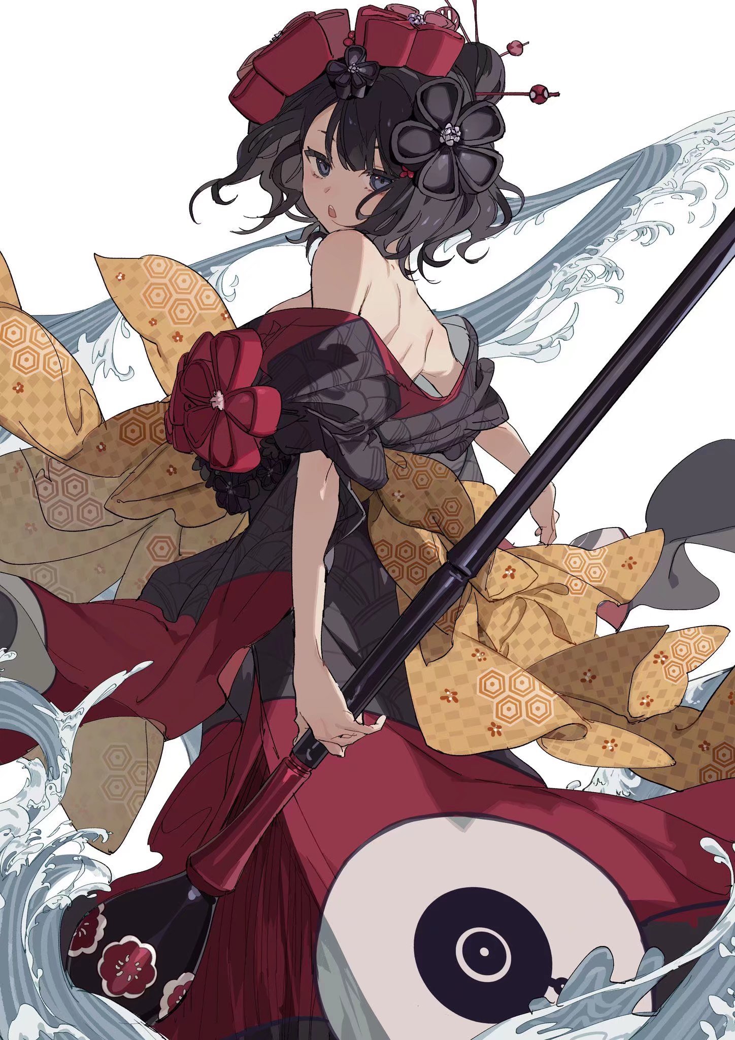 a digitally drawn anime girl with short black hair and gray eyes is wearing a red and gold kimono. she has multiple black and red flowers in her hair, along with a sword in her hands. the background features a flowing design of waves.