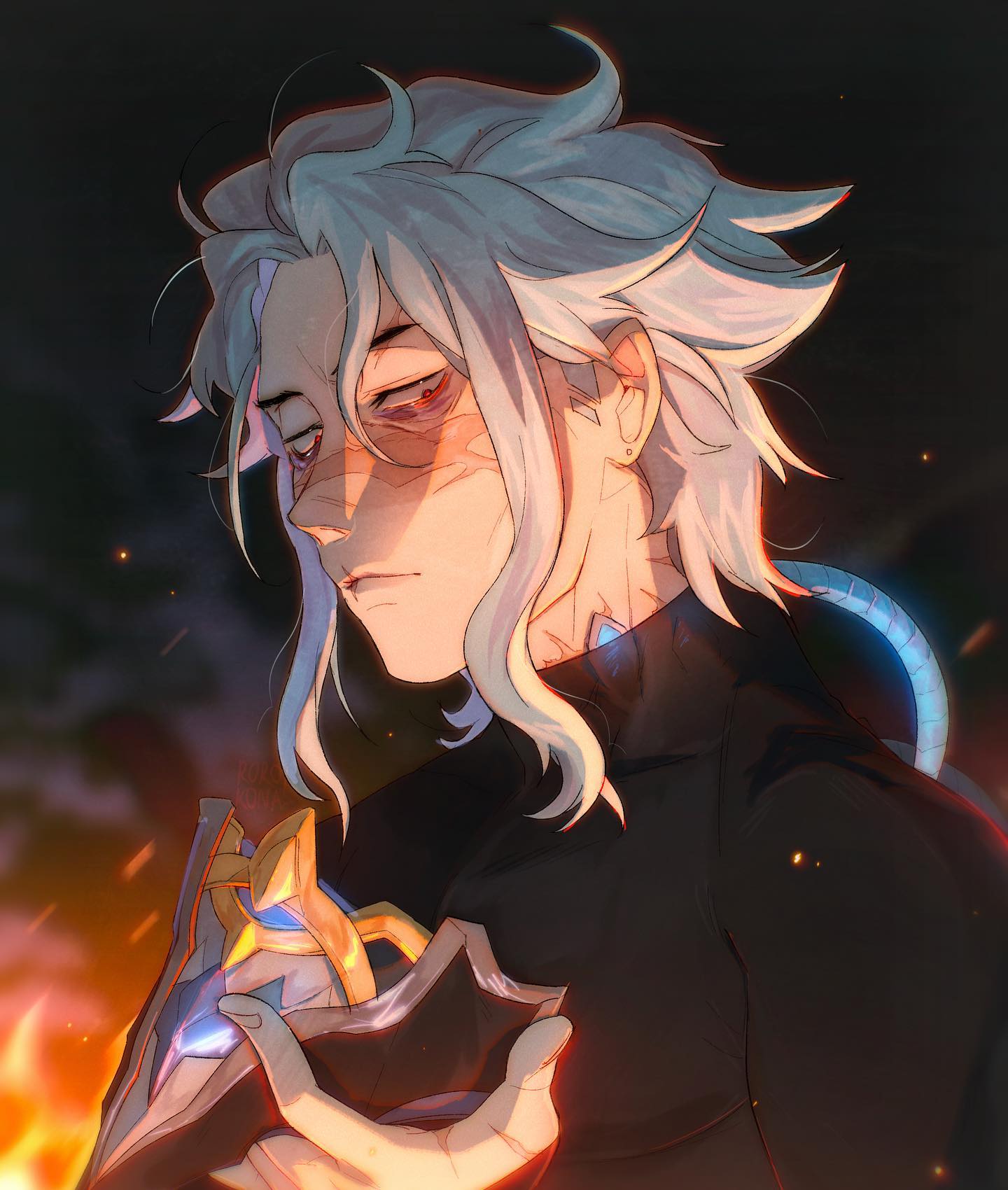 the image is a digital painting or illustration of an animestyle male character. he has long, flowing white hair, a scarred face with one eye appearing to glow faintly, and he's wearing dark, stylish clothing that hints at a cyberpunk or fantasy setting. he's holding a glowing, ornate weapon or object that seems to be emitting a blue light.  the background features fiery, orange and red tones, suggesting a scene of conflict or destruction, contrasted against the character's somber and slightly melancholic expression.  the overall style is refined and painterly, with a focus on light and shadow to enhance mood and detail.
