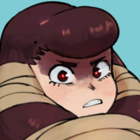a close up drawing of an anime girl with brown hair and red eyes. she is wrapped in a blanket and her face is contorted with anger and fear. she appears to be about to say something.