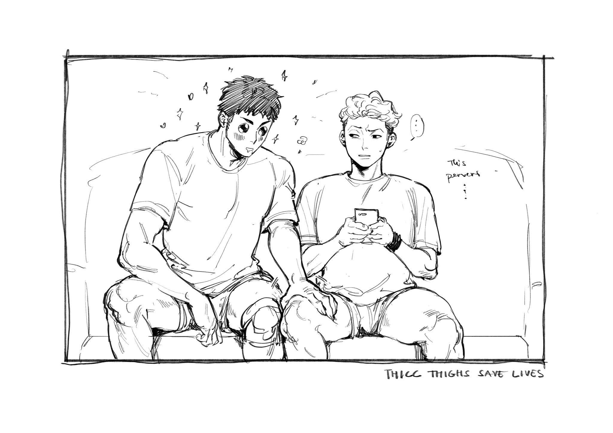 a black and white sketch style illustration of two men sitting on a couch. the man on the left is looking at the man on the right who is looking at his phone. the man on the left has his hand on the right man's thigh.