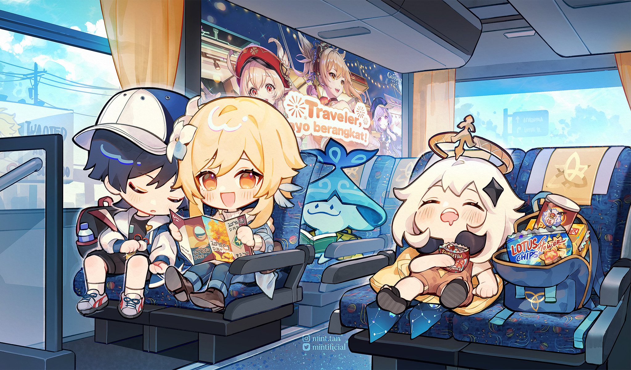 this is a cartoon illustration of four anime characters riding a bus. they are all sitting in their seats, enjoying their journey. the characters are all chibistyle, which makes them even cuter. the bus is decorated with stars and planets, which gives it a whimsical feel. the characters are all dressed in casual clothes, and they seem to be having a great time. they are all smiling and looking happy.