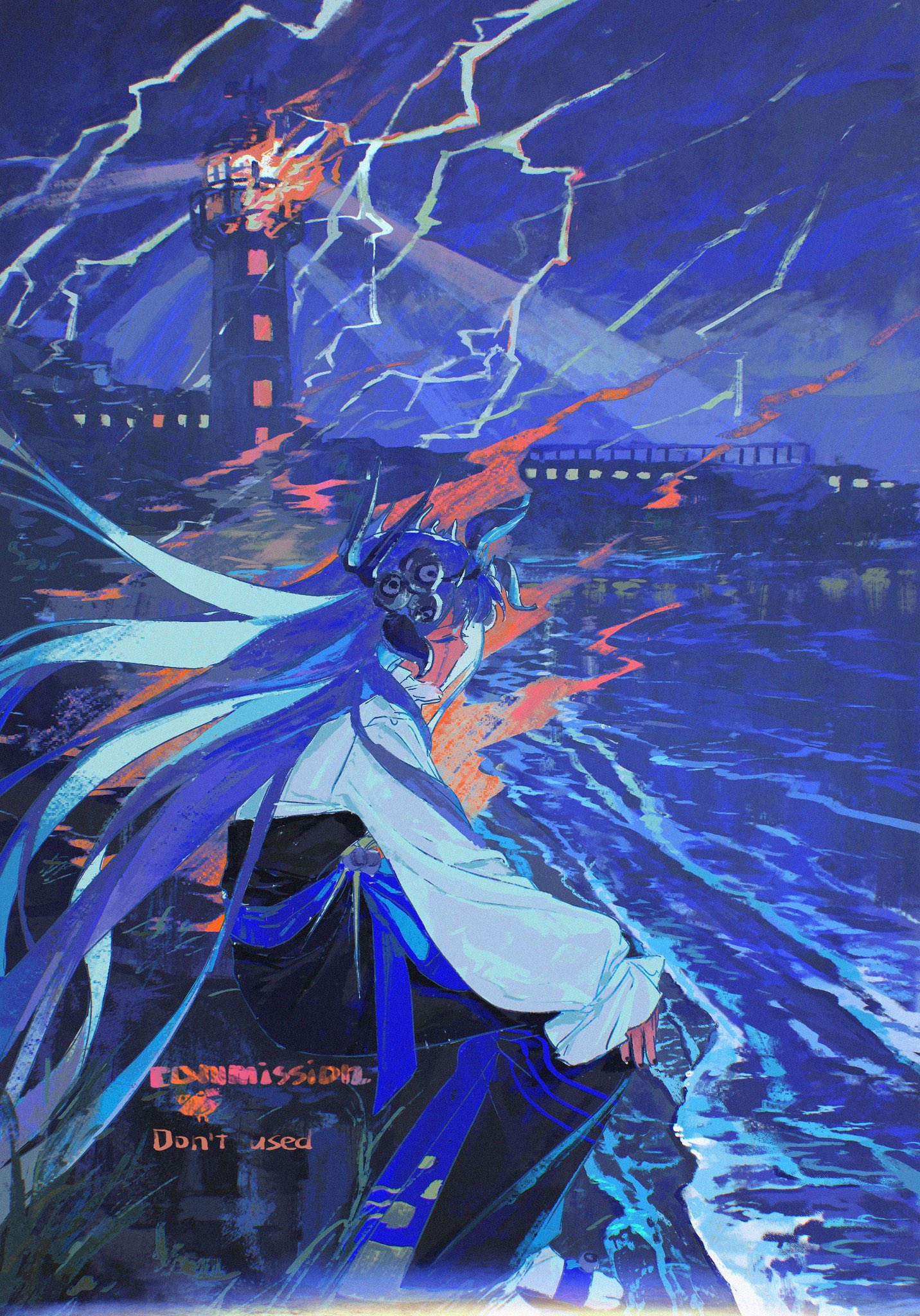 this is a digital painting of an animestyle woman standing on a beach at night. she is wearing a long white dress, a blue scarf, and a mysterious mask. her long blue hair is flowing behind her. she is looking out over the ocean, which is dark and stormy. lightning is flashing in the sky, and the lighthouse in the background is lit up. the artwork has a dark, mysterious, and magical vibe.