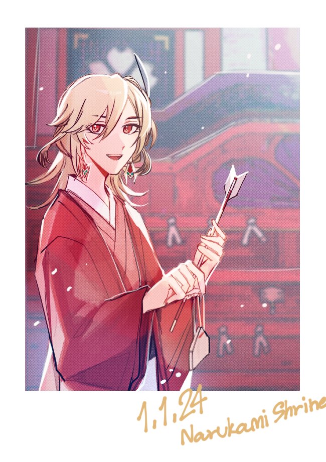 this is a digital illustration of an anime girl wearing a red kimono, standing in front of a red japanese shrine. she has long blonde hair and is holding a small arrow. there is a date written in the bottom left corner, "1.1.24",  and the words "narukami shrine" are written in cursive script in the bottom right corner.