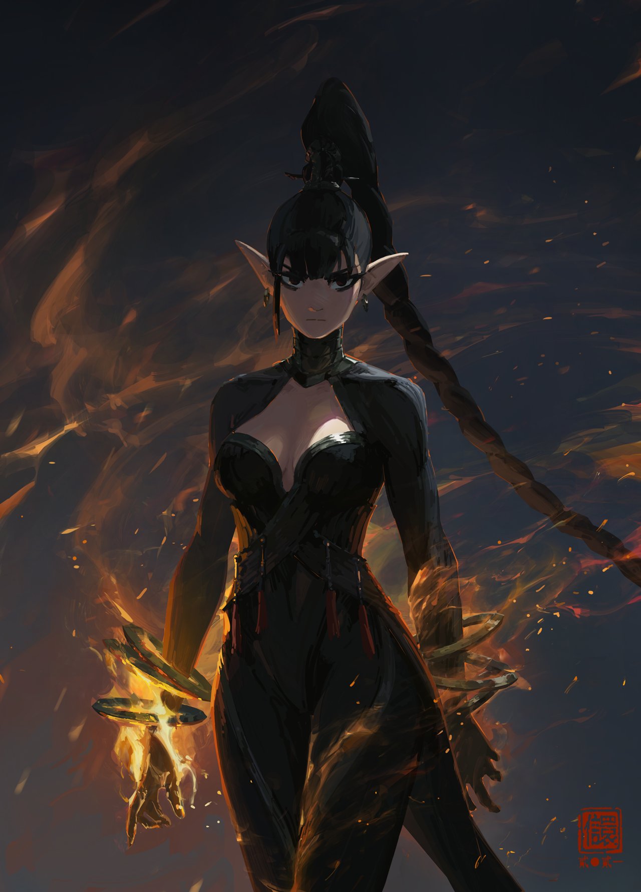 the artwork depicts a striking female elf, possibly a dark elf, adorned in dark, formfitting clothing that resembles a warrior's attire. her long black braid cascades down her back. her pointed ears are clearly visible, and she has an intense gaze directed straight ahead. the elf's hands are enveloped in swirling, goldenorange flames, suggesting she wields fire magic. the background is filled with darker hues and streaks of fire, enhancing the overall dramatic and mystical atmosphere. the style appears to be digital painting, characterized by a painterly texture and use of light and shadow to create depth and visual interest.  a small red stamp or signature is visible in the lower right corner.