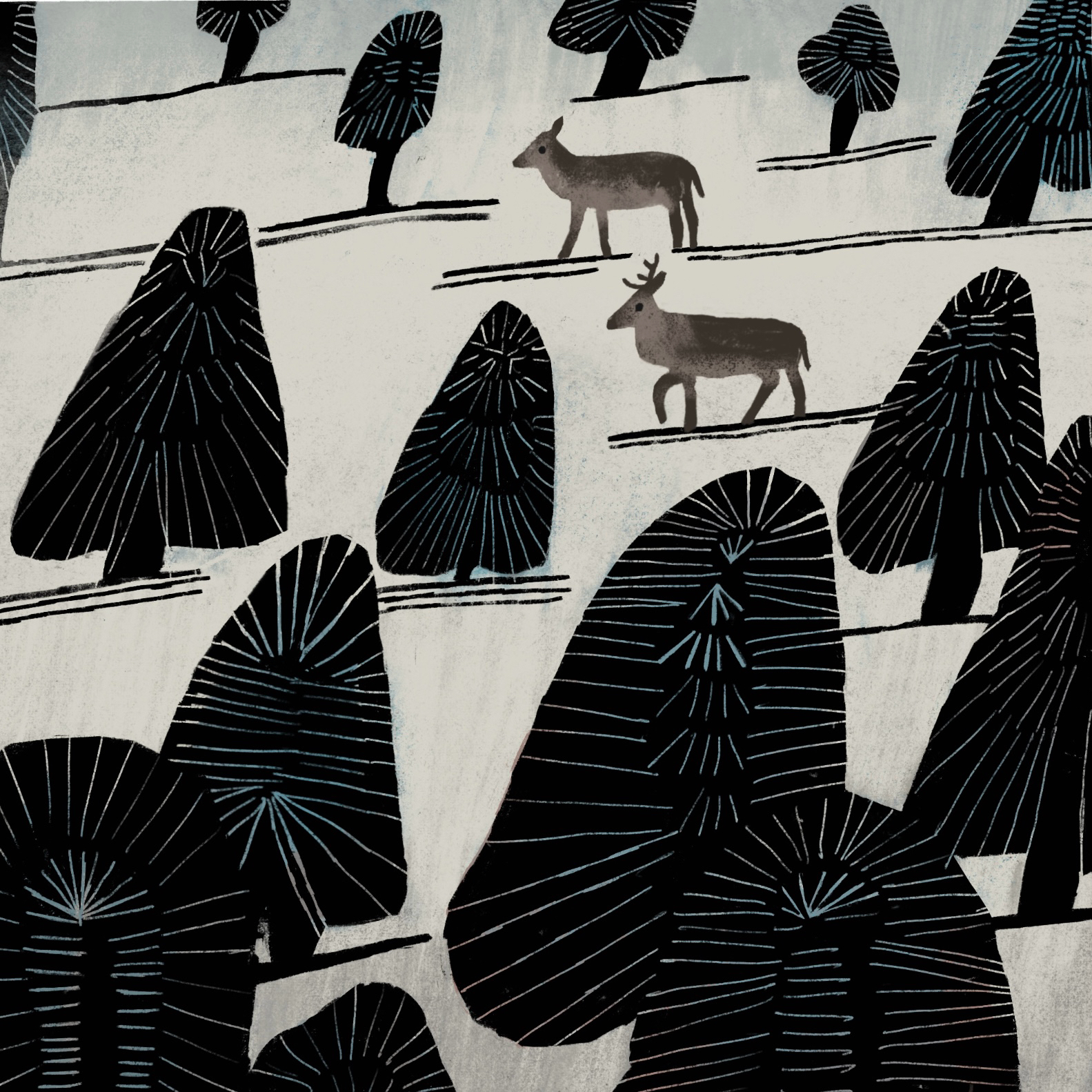 the image is a stylized illustration of a winter woodland scene. the style is minimalist and graphic, with dark, textured trees rendered in a simple, almost geometric fashion. two deer are depicted in the center of the scene, their forms similarly stylized and simplified.  the background is a light neutral tone, which contrasts sharply with the dark trees, creating a clear visual hierarchy and a sense of depth. the overall feel is serene and evocative of a quiet winter day in a secluded forest. the illustration uses lines and shapes to create texture, and the repeating patterns of the trees give a sense of rhythm and movement across the image.