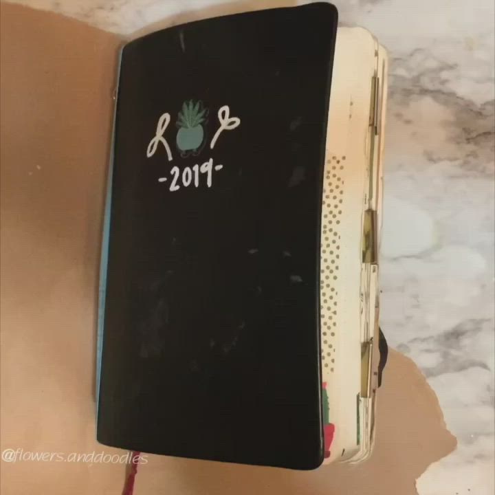 a closeup shot of a black notebook with a floral pattern on the spine. the notebook is open and the front cover is visible. it has white text on the front cover that says "r&b" and "2019". the notebook also has gold hardware.