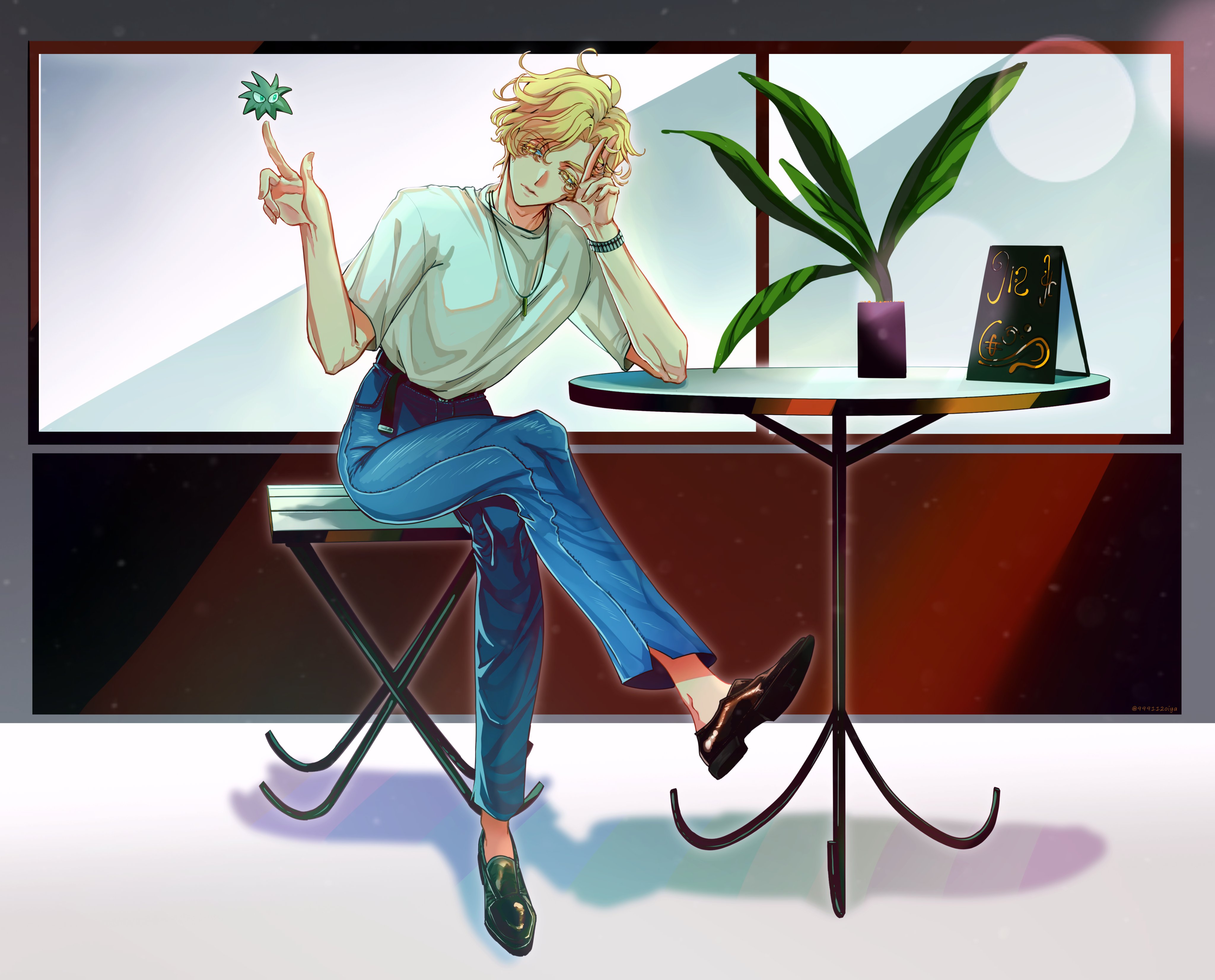 the image is a digital painting or illustration in an anime/manga style.  it depicts a young, blondhaired anime boy casually sitting at a small round table in a cafe. he's wearing a white tshirt, blue jeans, and dark shoes. one hand rests on the table, the other holds a small, glowing green object. a potted plant sits on the table next to a small menu. the cafe setting is depicted with a large window and a dark red wall.  the overall style is relaxed and stylish, with a focus on the character's pose and clothing. the lighting in the image creates shadows and highlights which enhance the threedimensionality of the artwork.