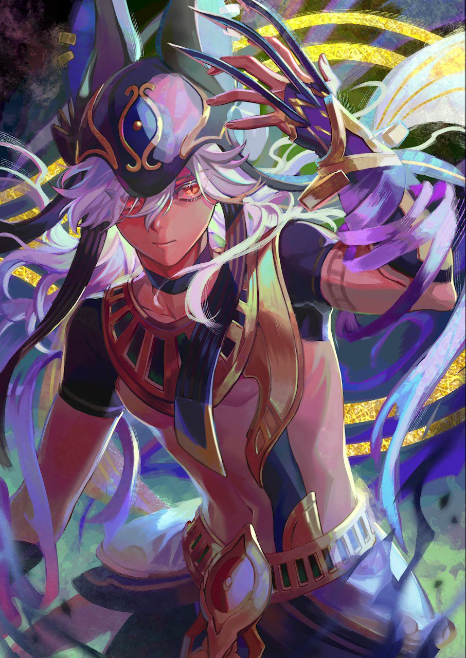 this is a digital illustration of a male anime character. he has long white hair, blue eyes, and wears a black and gold headband with black claws. he is dressed in a colorful outfit with a golden necklace and sash. he is posing with his right hand raised, and his left hand is holding a weapon. the background is a mixture of purple, blue, and gold. the artwork is very dynamic and energetic, and the character seems powerful and ready for battle.