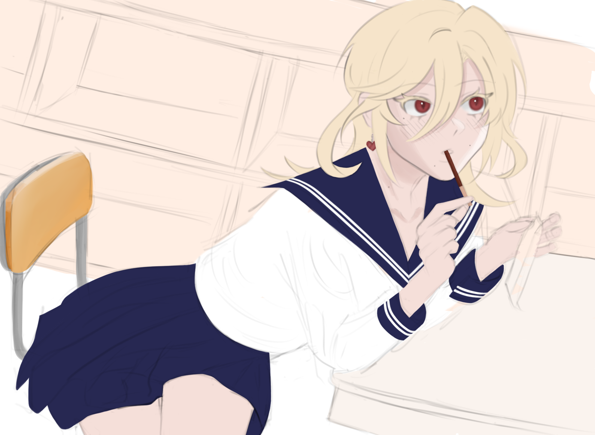the image is a digital drawing in an anime style. it depicts a blondehaired schoolgirl wearing a navy blue and white sailor uniform. she's sitting at a desk, slightly leaning over, and appears to be drawing or writing with a darkcolored pencil she holds between her lips.  she has red eyes and a light blush on her cheeks. a heartshaped earring is visible in her left ear. the background suggests a classroom setting, with a wooden chair and bookshelves partially visible. the art style is soft and slightly sketchy, with a focus on the character's expression and pose. the overall mood is calm and contemplative.