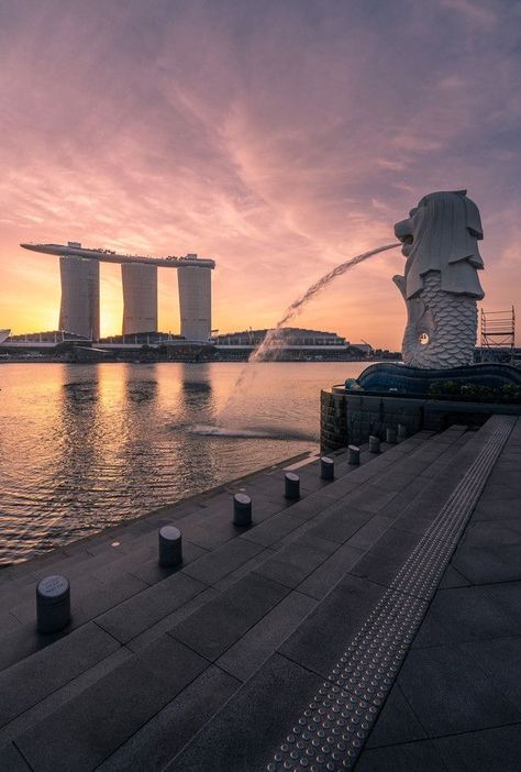 the image showcases a stunning sunrise over the singapore skyline. the iconic merlion statue is prominently featured in the foreground, with water spouting from its mouth into the calm waters of marina bay. the majestic marina bay sands hotel stands in the background, beautifully illuminated by the soft morning light. the foreground consists of dark gray concrete steps leading down towards the water, and there are small bollards lining the steps. a tactile paving system is visible, indicating accessibility features. the overall scene is serene and picturesque, capturing the beauty of singapore's modern architecture and natural surroundings during the golden hour.