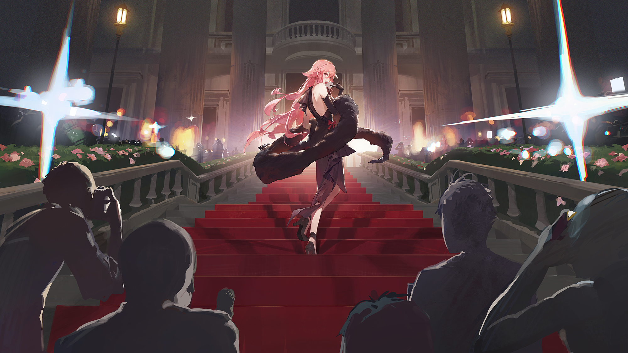 a woman with long pink hair, wearing a stylish black dress, walks confidently up a red carpet. she is surrounded by the flashing lights of paparazzi cameras, suggesting a prestigious event like an award show. the low perspective emphasizes her stature and the grandeur of the building behind her. the scene is alive with the energy and excitement of fame and glamour.