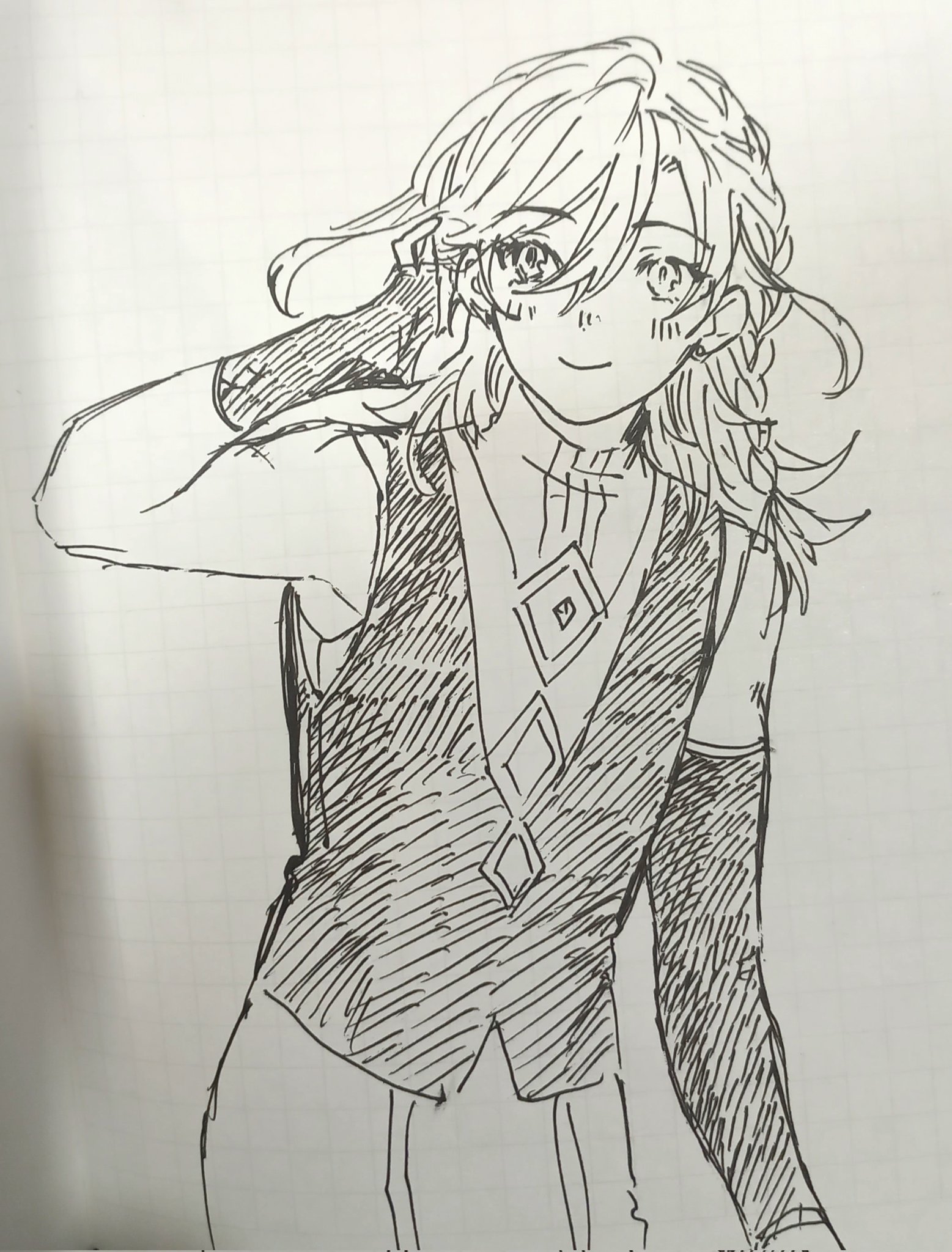 this is a black and white sketch of an anime girl. she has long, wavy hair, a small, cute face with bright eyes, and is wearing a vest with a diamond pattern. she is smiling, and her hand is reaching out towards the viewer.  the drawing is done in a detailed style with pen and ink, and shows a strong sense of movement and life.