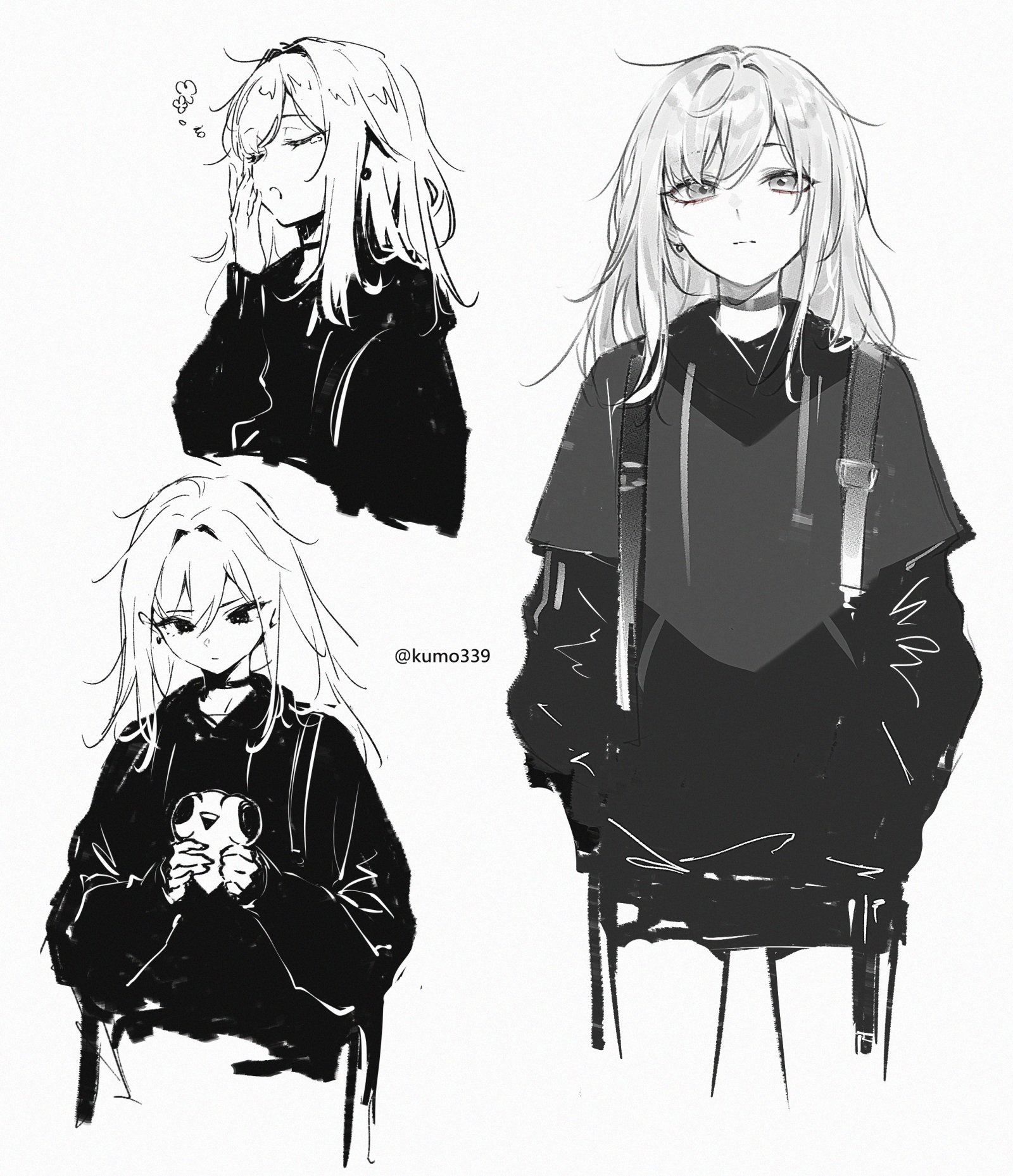 the image shows three sketches of a girl with long hair. she is wearing a hoodie and a choker. one sketch shows her looking sleepy, another shows her holding a small object, and the third shows her wearing a backpack and standing. the sketches are done in black and white.